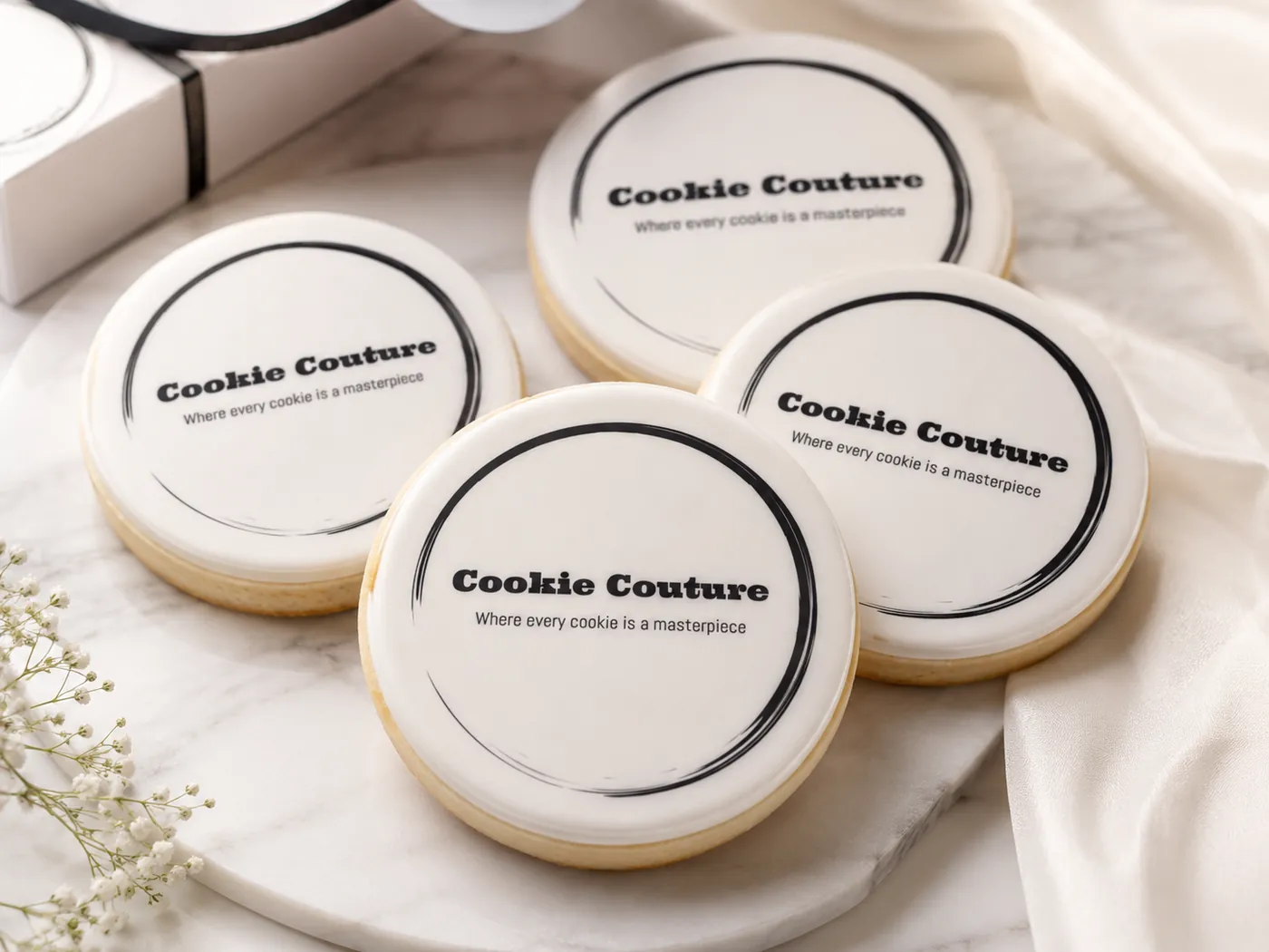 Elegant decorated custom sugar fondant cookies with pink and gold detailing